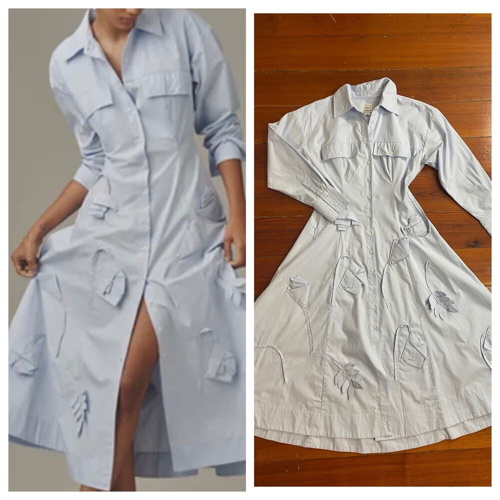Maeve Anthropologie  Blue Floral 3D Applique Shirt Dress XXSP Cotton Midi